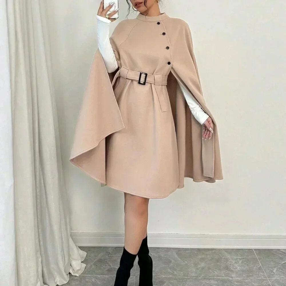 Khaki Elegant Women's Casual Cape Sleeve Button Decor Wool Blend Jacket - Picture 4 of 6
